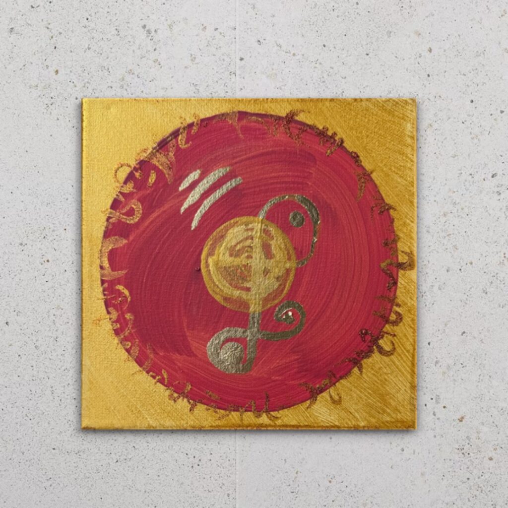 Zeichen auf Leinwand vor neutralem Hintergrund